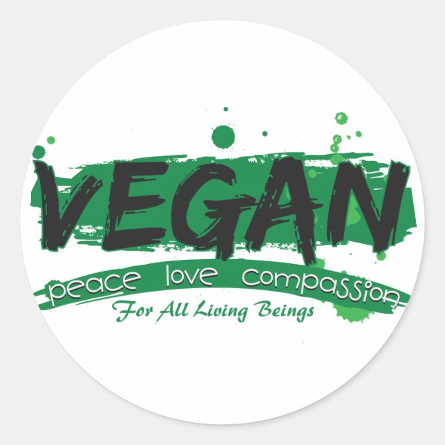 Sticker Rond Vegan Peace Love Compassion (Devant)