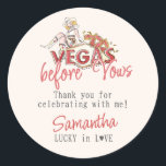 Sticker Rond Vegas Before Vows Casino Chanceuse Enterrement de<br><div class="desc">Choisissez ce design de casino moderne Vegas Before Vows et célébrez votre enterrement de vie de célibataire Chanceuse en Amour avec vos meilleures amies. Ajoutez vos détails et commandez vos invitations et fournitures de fête maintenant. Si vous avez besoin d'aide, demandez une personnalisation supplémentaire ou des produits assortis, ou avez...</div>