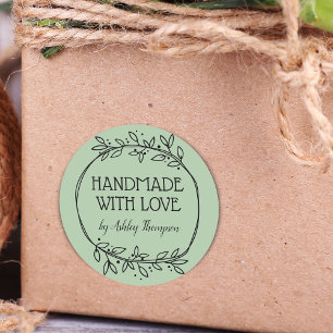 Sticker Rond Végétal élégant fait main avec amour Nom Vert