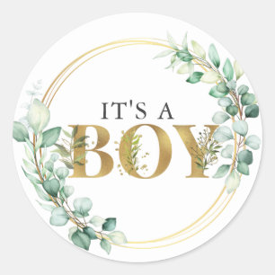 Sticker Rond Végétation C'est un Garçon Eucalyptus Doré Baby Sh