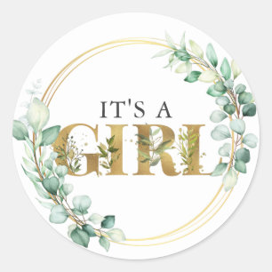 Sticker Rond Végétation C'est une fille Eucalyptus doré Baby Sh