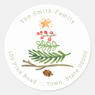 Sticker Rond Végétation d'hiver Aquarelle Arbre de Noël