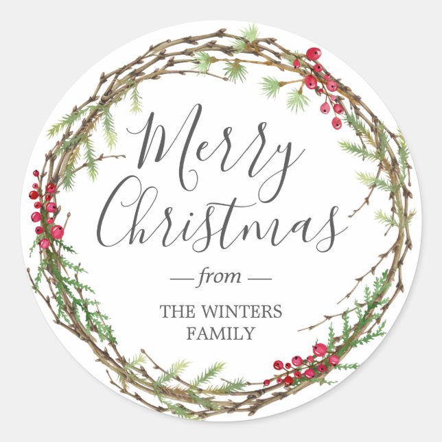 Sticker Rond Végétation d'hiver Berries Feuilles Wreath Noël (Devant)