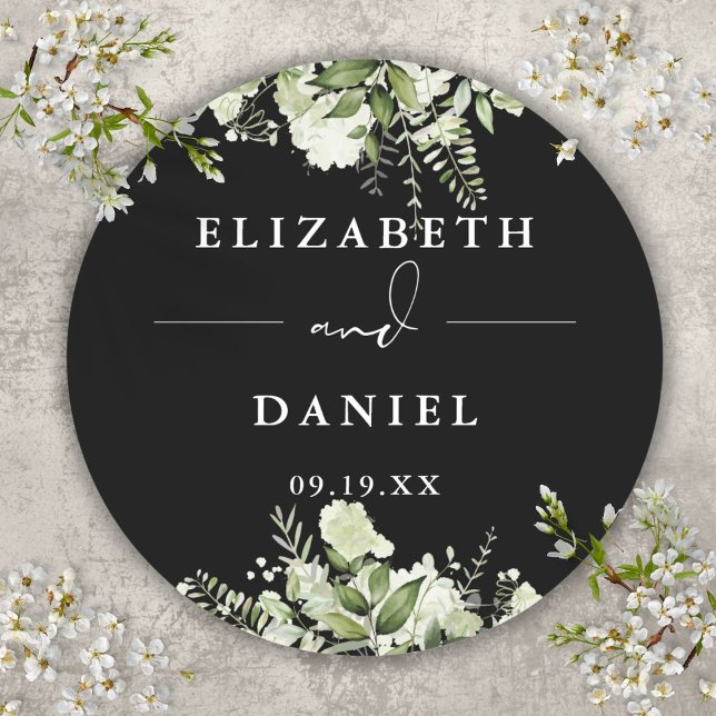 Sticker Rond Végétation Florale Mariage Noir Et Blanc Favoriser (Floral Greenery Black And White Wedding Favor Classic Round Sticker)
