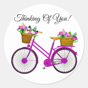 Sticker Rond Vélo Rose Avec Panier De Fleurs
