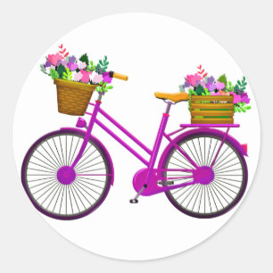 Sticker Rond Vélo Rose Avec Panier De Fleurs -