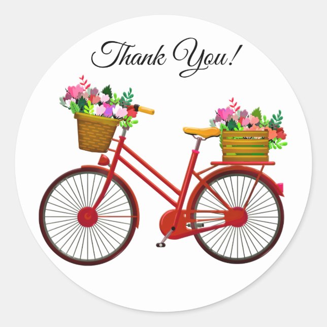 Sticker Rond Vélo Rouge Avec Panier De Merci Fleurs (Devant)