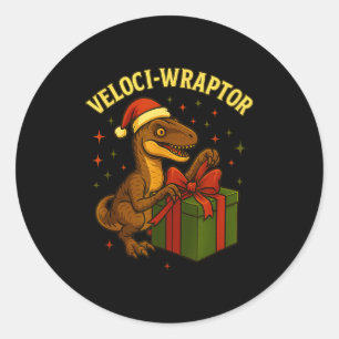 Sticker Rond Velociraptor de Noël drôle Pun Veloci-wraptor