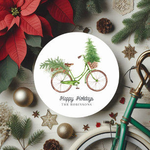 Sticker Rond Vélos de Noël Arbre et Pins Retro