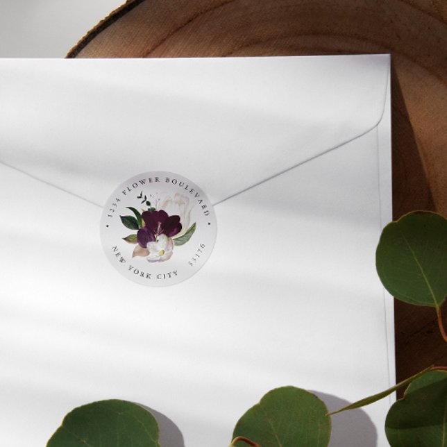 Sticker Rond Velvet Magnolia Bouquet Botanique Adresse de retou (Créateur téléchargé)