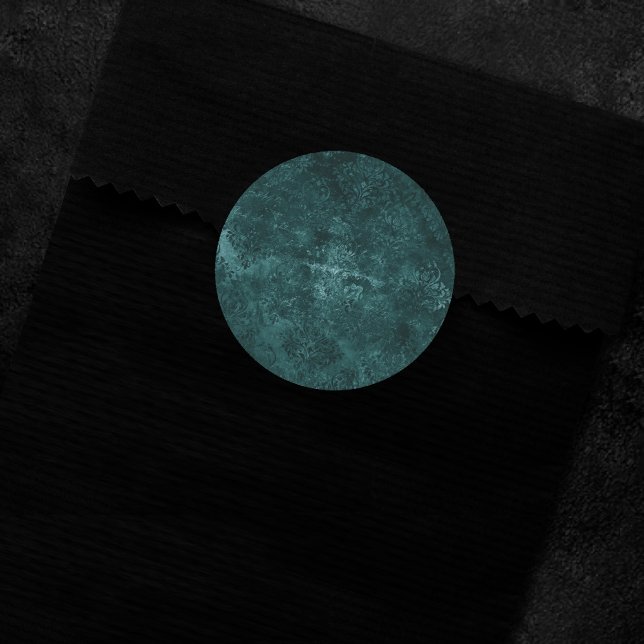 Sticker Rond Velvety Turquoise Damask | Grunge vert foncé Baroq (Créateur téléchargé)