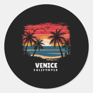 Sticker Rond Venice Beach Californie Surfeur Palme Souvenir