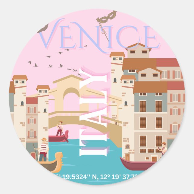 Sticker Rond Venice Travel Art, Italie, Retro Travel Art (Devant)
