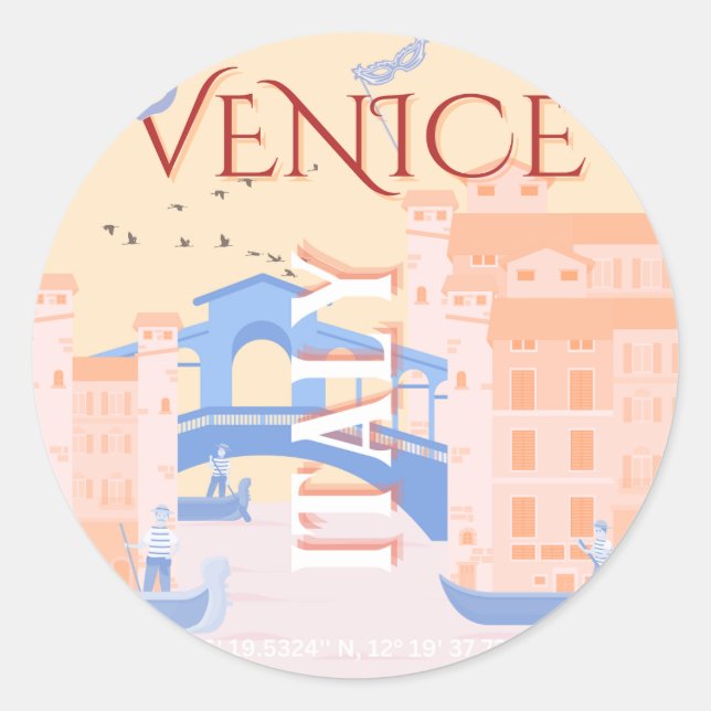Sticker Rond Venice Travel Art, Italie, Travel Art, Retro (Devant)