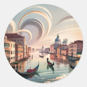 Sticker Rond Venise Italie Gondole Canal Aquarelle Rétro Voyage