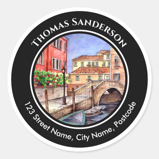 Sticker Rond Venise Italie stylo et lave l'aquarelle Adresse (Devant)