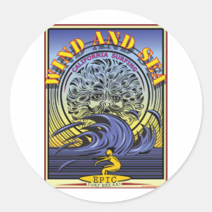STICKER ROND VENT ET MER CALIFORNIE SURF