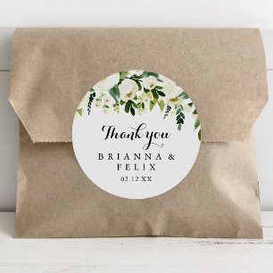 Sticker Rond Verdure Blanc Floral Merci Mariage Faveur