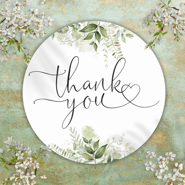 Sticker Rond Verdure Floral Heart Script Merci (Greenery Floral Heart Script Thank You Classic Round Sticker)