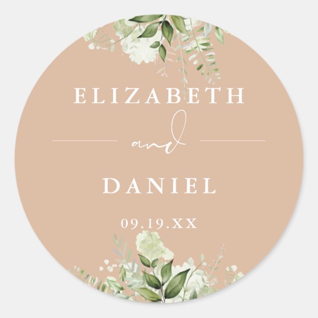 Sticker Rond Verdure Florale Elégant Tan Wedding Favoriser (Devant)