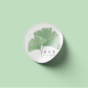 Sticker Rond Verdure Ginkgo Tree Aquarelle Mariage Monogramme