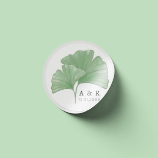 Sticker Rond Verdure Ginkgo Tree Aquarelle Mariage Monogramme