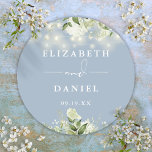 Sticker Rond Verdure String lumières Dusty Blue Wedding Favoris<br><div class="desc">Élégant sticker floral bleu poussiéreux à cordes lumières personnalisées avec vos noms et date spéciale. Conçu par Thisisnotme©</div>