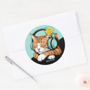 Sticker Rond Vérifiez MEO Chat Brun avec Casque – Personnalisé