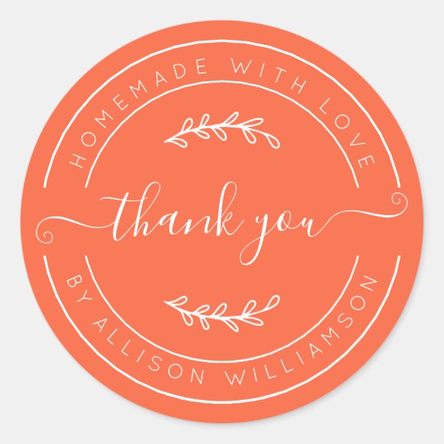 Sticker Rond Vermillion Orange Homemade Thank You Label (Devant)
