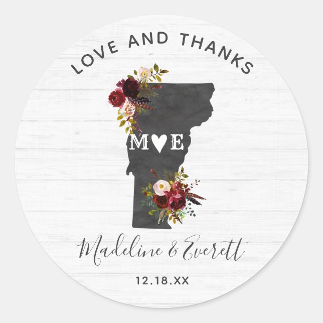 Sticker Rond Vermont State Destination Rustique Mariage Merci (Devant)