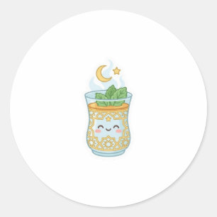 Sticker Rond Verre à thé à la menthe marocaine Kawaii.