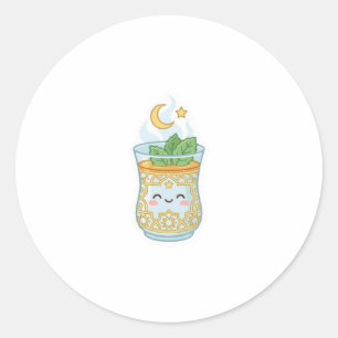 Sticker Rond Verre à thé à la menthe marocaine Kawaii.