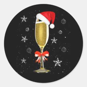 Sticker Rond Verre Cool de champagne de Noël Boisson de chapeau