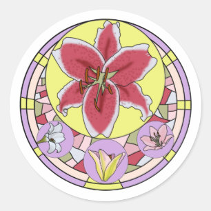 Sticker Rond Verre de tache de fleur rose et jaune brillant