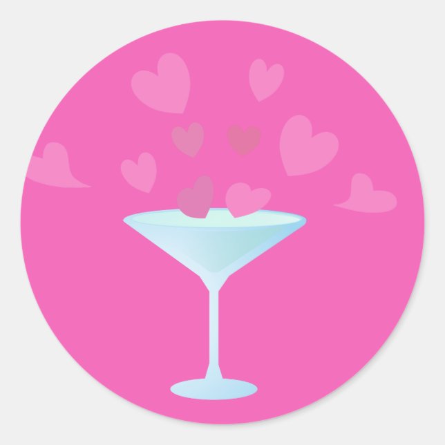 Sticker Rond Verre Martini et Coeurs roses (Devant)