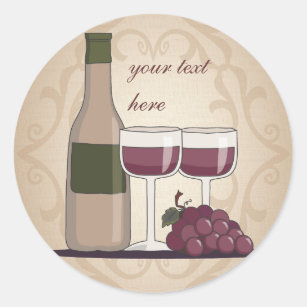 Sticker Rond Verres et raisins à bouteilles de vin rouge
