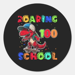 Sticker Rond Vers 100 Jours De L'École Dino T-rex Skatebo