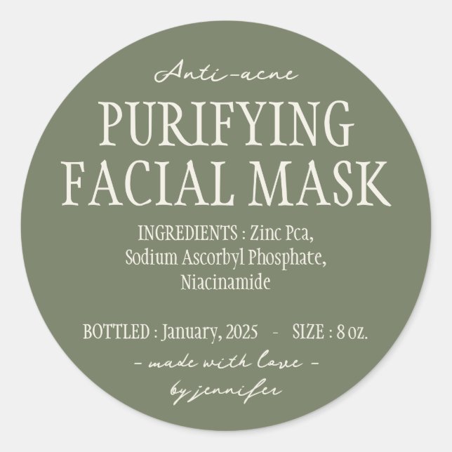Sticker Rond Vert Anti acné purifiant masque facial Ingrédients (Devant)