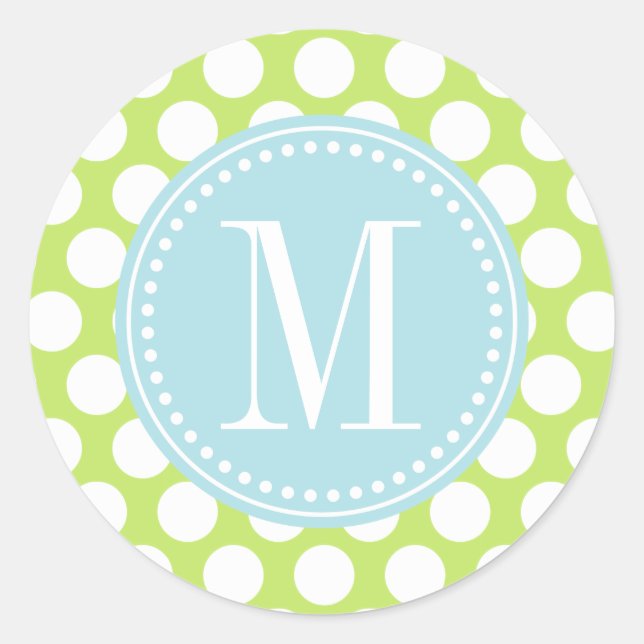Sticker Rond Vert & Bébé Bleu Gros Pois Monogramme (Devant)