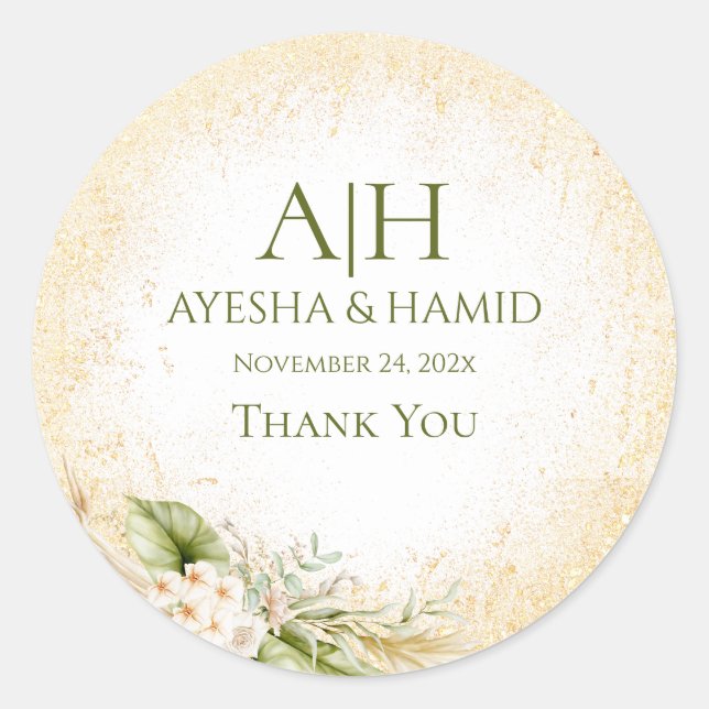 Sticker Rond Vert & Beige Floral Islamique / Musulman couple Ma (Devant)