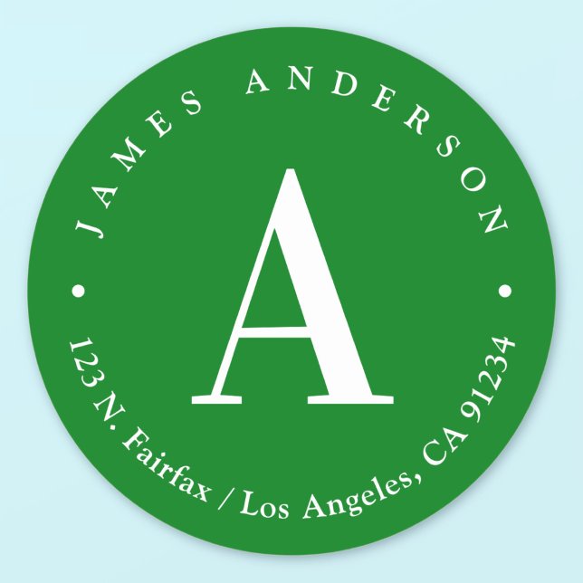 Sticker Rond Vert & Blanc | Adresse de Retour Monogramme (Créateur téléchargé)