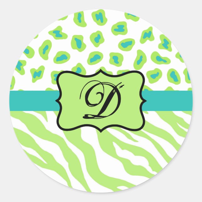 Sticker Rond Vert blanc Turquoise Leopard Zebra Peau Monogramme (Devant)