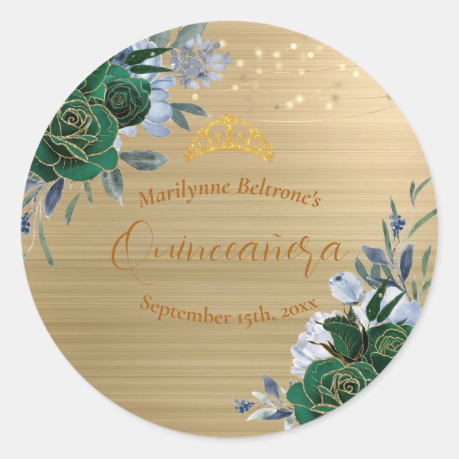 Sticker Rond Vert Émeraude Or Fleur Quinceañera (Devant)