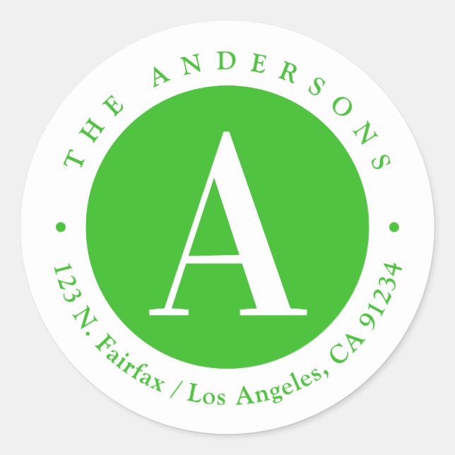 Sticker Rond Vert et blanc | Adresse de retour du monogramme (Devant)