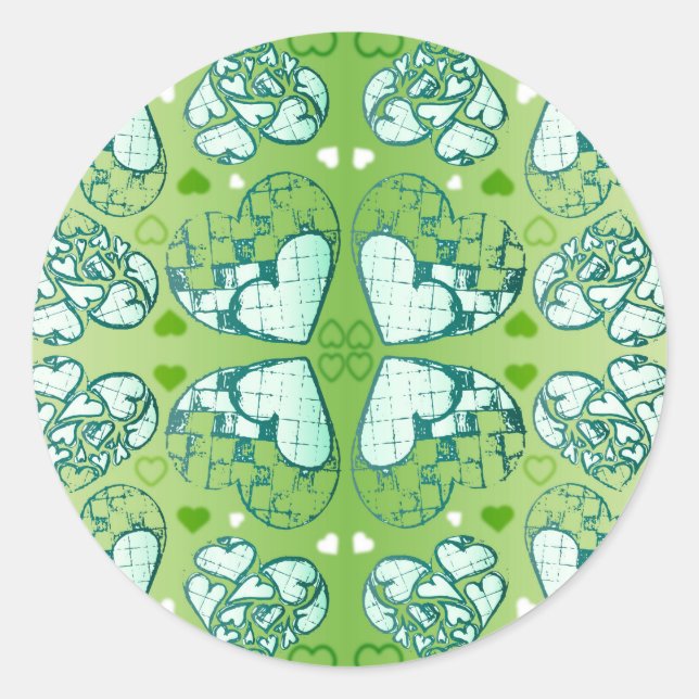 Sticker Rond Vert et blanc Whimsical Romantique Coeurs motif (Devant)