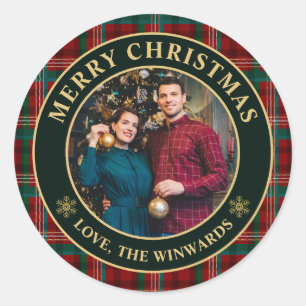Sticker Rond Vert et Rouge Hiver Carreaux Famille Joyeux Noël