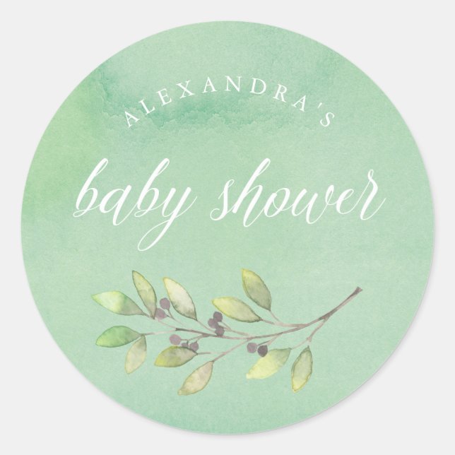 Sticker Rond Vert feuilles | Baby shower aquarelle (Devant)