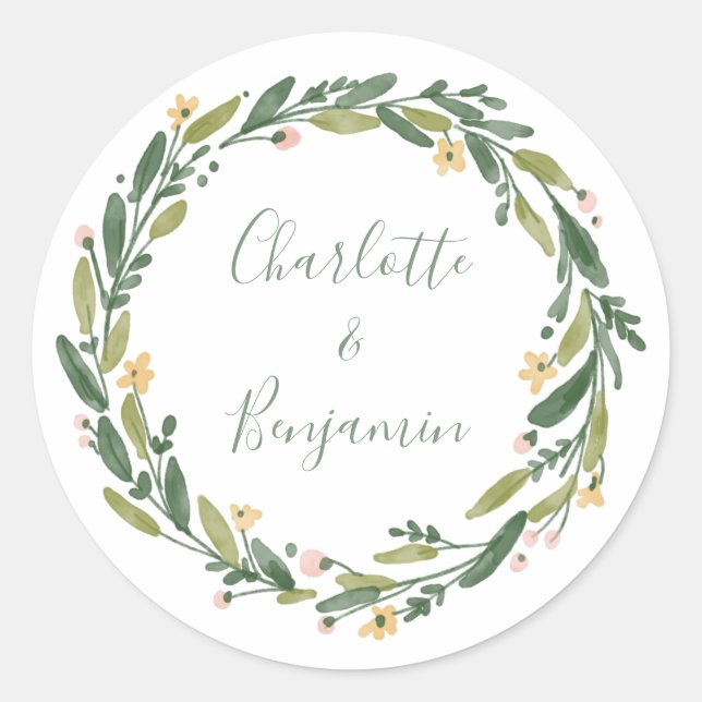 Sticker Rond Vert Floral Aquarelle Verdure Mariage personnalisé (Devant)