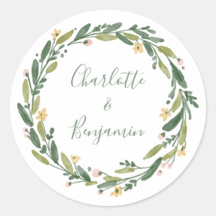Sticker Rond Vert Floral Aquarelle Verdure Mariage personnalisé