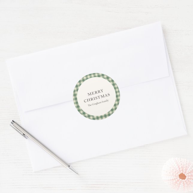 Sticker Rond Vert Gingham Rustique Noël Moderne (Enveloppe)